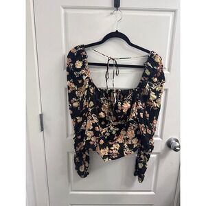 Free People Black Floral Crop Top with Peach and Cream Blooms